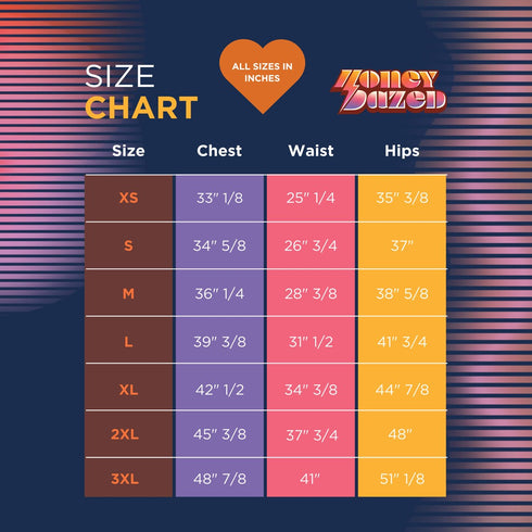 The image is a size chart that provides measurements for various clothing items such as chest, waist, hips, and legs. It includes different sizes labeled in inches, ranging from XS to LXL. The chart is designed to help customers determine the appropriate size for their desired clothing item.